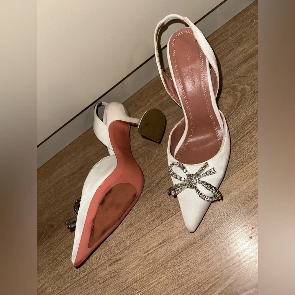 Amina Muaddi Rosie White Heels with Crystal Bow size 36